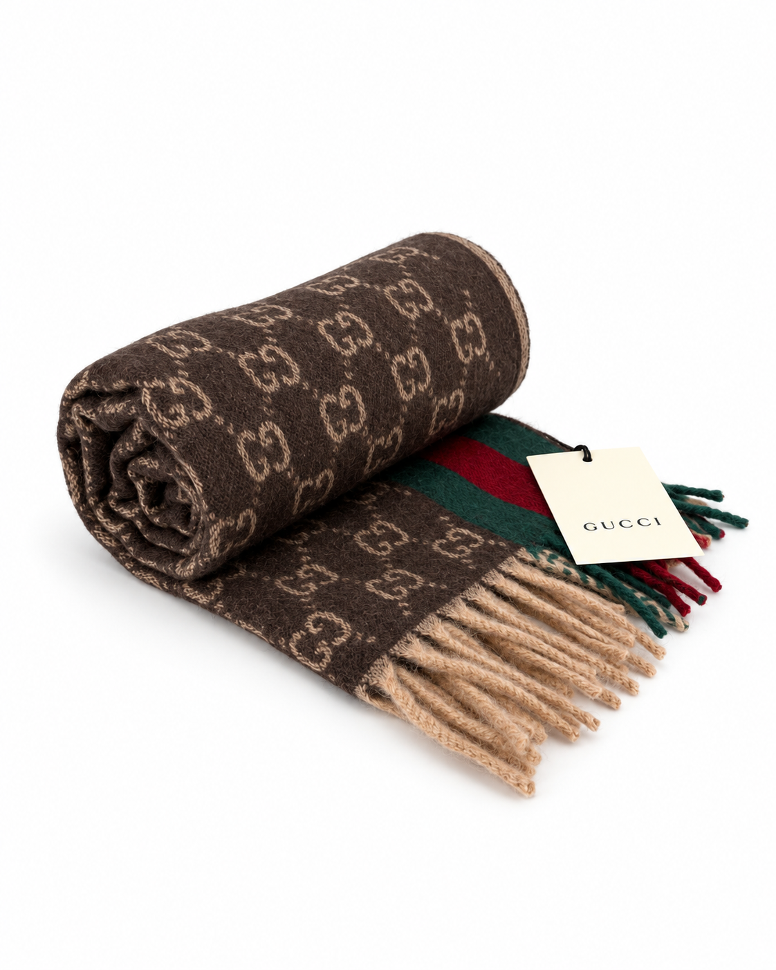 Gucci Monogram Brown Cashmere & Wool Scarf with Green & Red Web Stripe