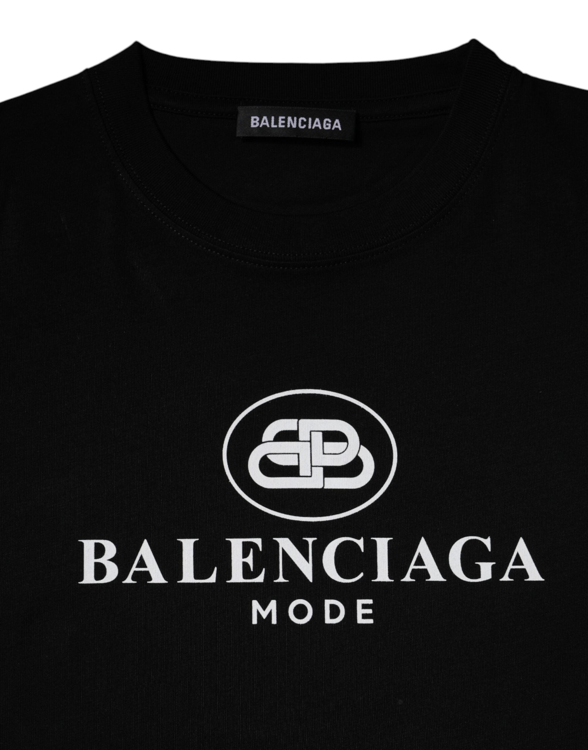 Tricou Balenciaga negru din bumbac cu imprimeu logo și mânecă scurtă, guler rotund