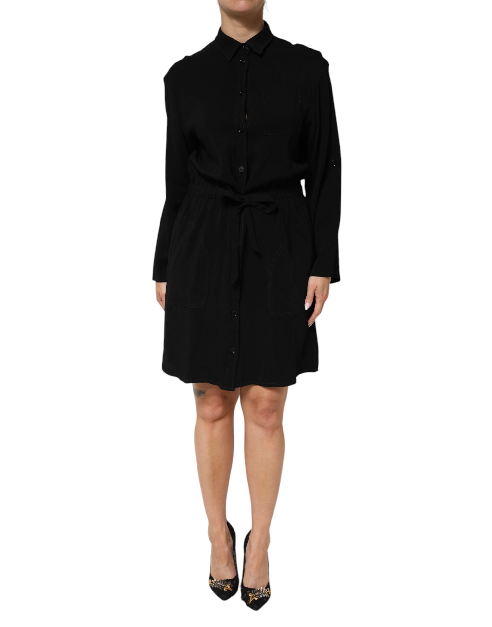 Emporio Armani Black Viscose Blend Shirt Style Belted Dress